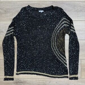 Adore Black Sequin Knit Asymmentrical Sweater Gold Lace Accent Party Top Large